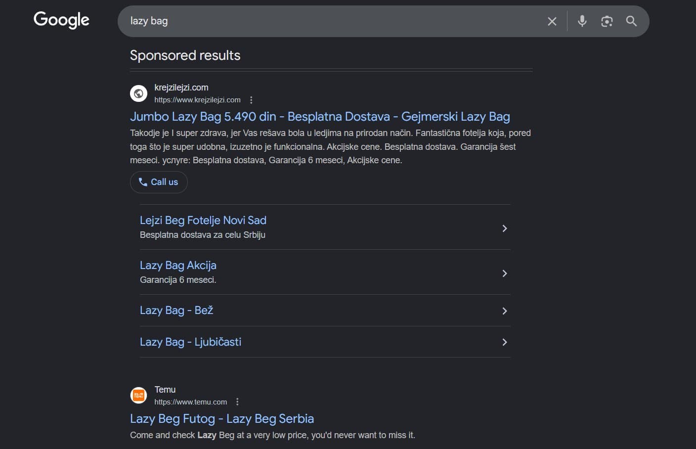 Google Search oglas za lazy bag - tekstualni Search Ad na vrhu rezultata