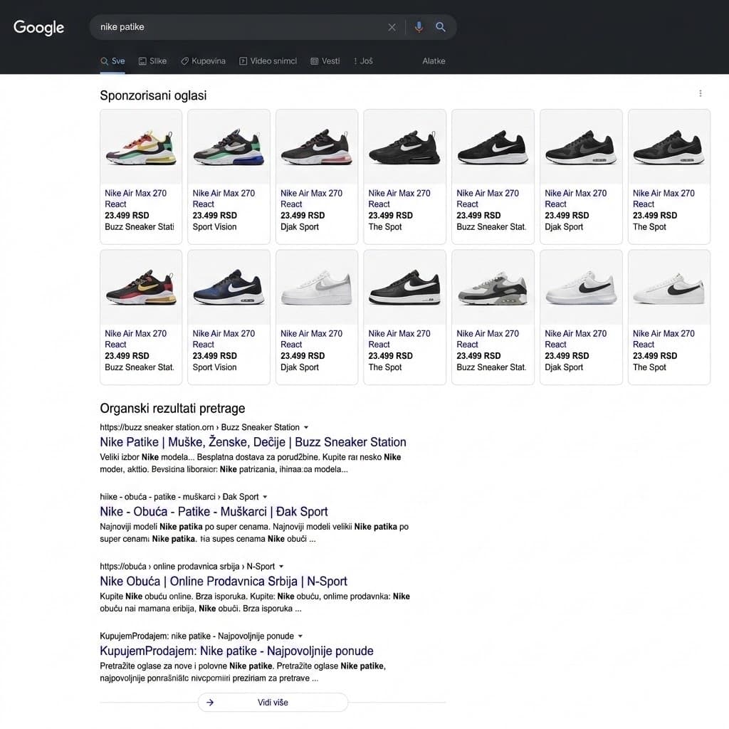 Google Shopping oglasi za Nike patike - vizuelni proizvodni oglasi sa cenom