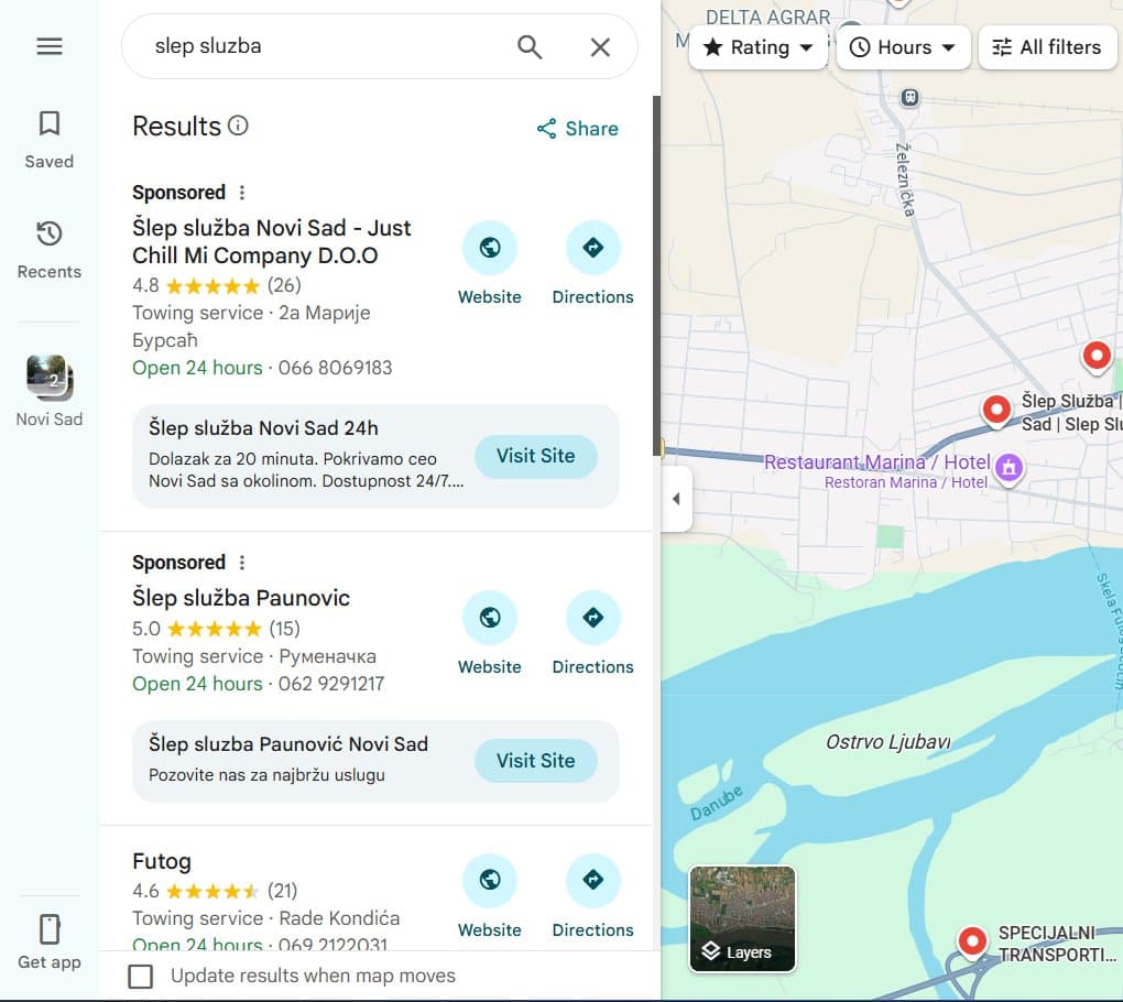 Google Maps oglas za šlep službu - lokalni Sponsored listing