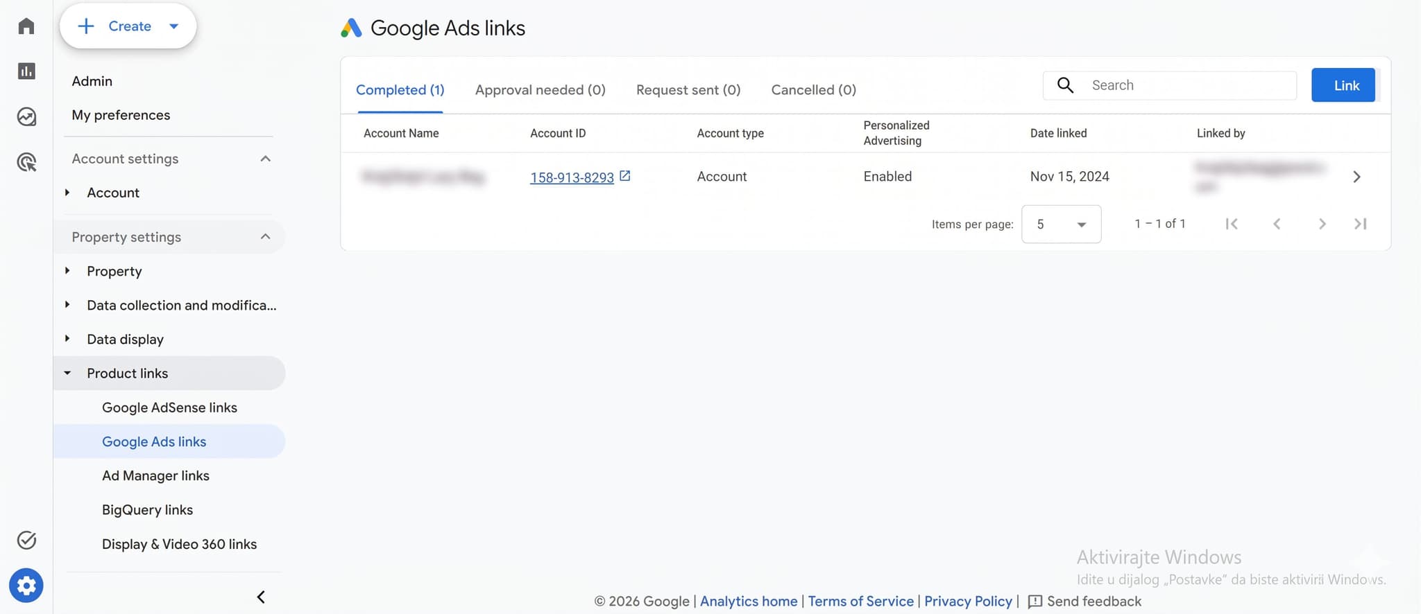 GA4 Google Ads links - uspešno linkovanje naloga, Completed status, Product links sekcija u Admin panelu
