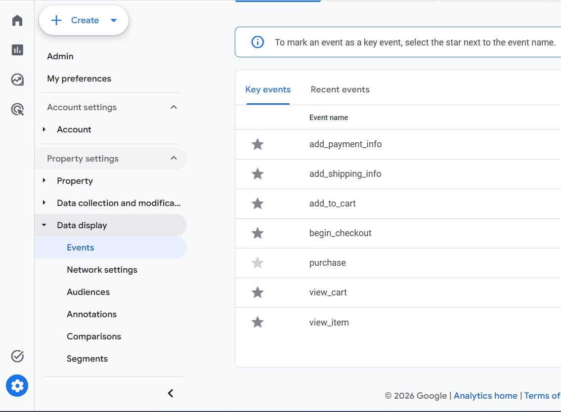 GA4 Key Events lista - add_to_cart, begin_checkout, purchase, view_item, view_cart e-commerce eventi